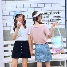 批发实拍撞色圆领短袖T恤女2026夏季纯色直筒韩版常规打底衫体恤上衣