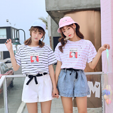批发实拍条纹短袖t恤女2026新款春夏季学院冰丝针织衫T恤打底体恤上衣