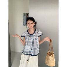 批发木耳边系带<b class='q'>格子</b>短袖<b class='q'>衬衫</b>女士夏季2026新款夏装时尚宽松<b class='q'>衬衣</b>女上衣