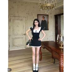 批发法式纯欲千金感<b class='q'>黑白</b>拼接设计方领短袖<b class='q'>连衣裙</b>女收腰显瘦短裙子夏季