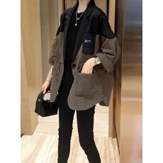 批发现货官图 拼接撞色西装外套女春<b class='q'>秋</b>欧货胖mm大码工装夹克收腰上衣
