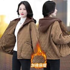 批发实拍 <b class='q'>妈妈</b>秋冬连帽棉服2025新款中年女短款夹棉外套薄款棉衣