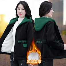 批发实拍 春<b class='q'>秋</b>新款中年妈妈加绒连帽拉链短卫衣开衫大码厚外套冬