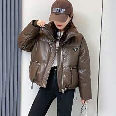 批发短款立领棕色<b class='q'>皮衣</b>羽绒服女冬季2024新款美拉德夹克时尚设计感外套