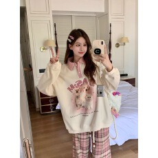 批发polo领长袖卫衣女秋季2025新款学院风卡通印花宽松中长款撞色上衣