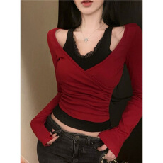 批发显瘦长袖<b class='q'>T</b><b class='q'>恤</b>女纯欲风辣妹蕾丝假两件<b class='q'>V领</b>上衣