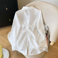 批发白色系带收腰衬衫女中长款<b class='q'>防晒</b>开叉<b class='q'>外套</b>慵懒风上衣