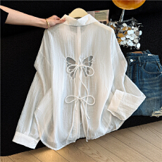 批发蝴蝶绑带开叉防晒衬衫女秋季薄款<b class='q'>外</b><b class='q'>搭</b><b class='q'>长袖</b><b class='q'>开衫</b>外套防晒衣