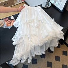 批发白色木耳边拼接网纱<b class='q'>半身裙</b>2026夏季设计感<b class='q'>不规则</b>蓬蓬A字蛋糕裙女