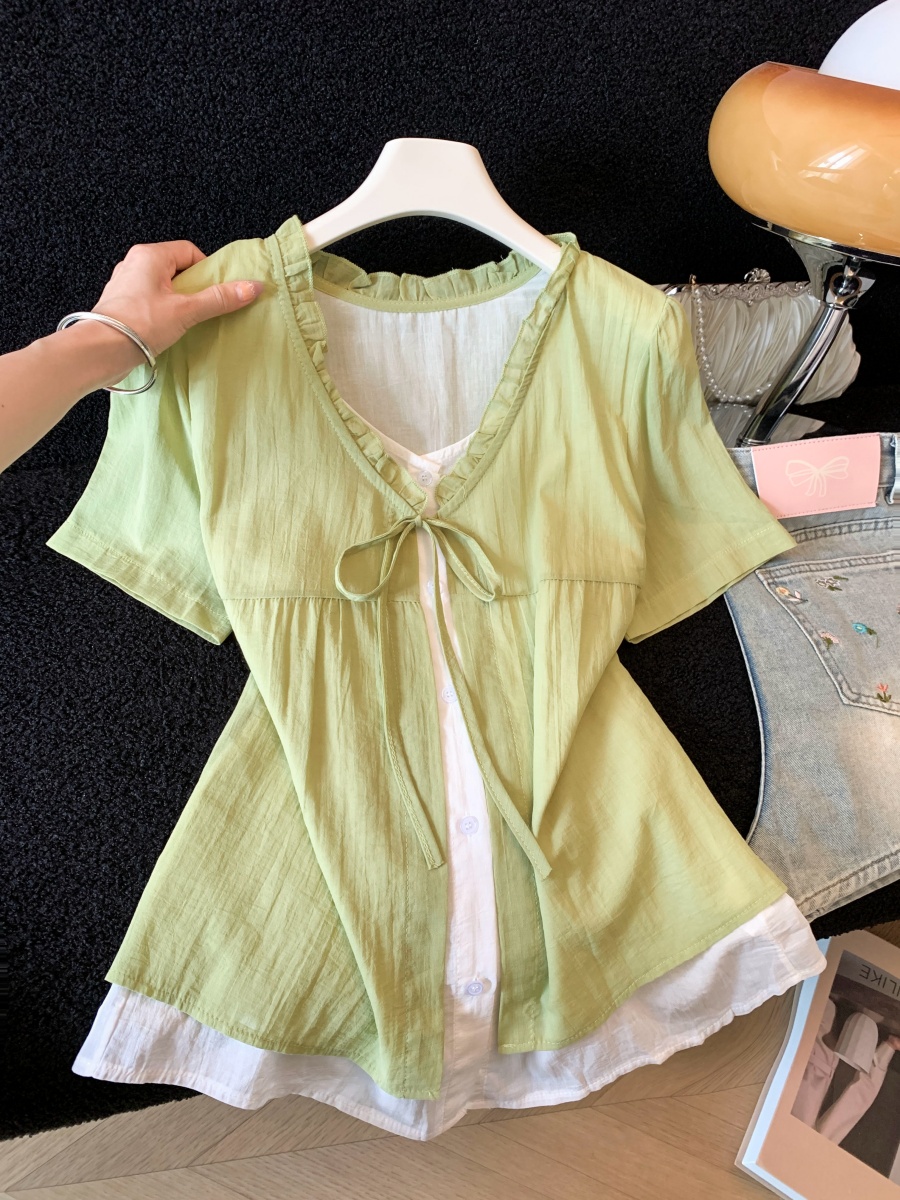 한 부서 배색 페이크 레이어드 스택 착용 프린트 반팔 여성 셔츠 여름 목이버섯 레이스 패치워크 나비 넥타이 맨위