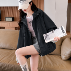 批发秋新款女装连帽休闲<b class='q'>外套</b>女宽松百搭防风夹克衫条纹袖口短款上衣