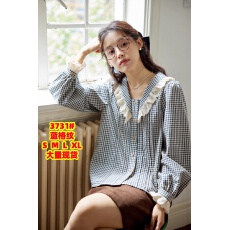 批发蕾丝花边拼接<b class='q'>格子</b><b class='q'>衬衫女</b>设计感小众v领法式小衫