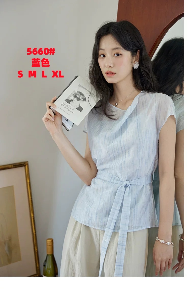 파란색 흔들다 칼라 프린트 뜨거운 은 레이스업 반팔 여성 셔츠 여름 프랑스식 레트로 허리 수축 맨위