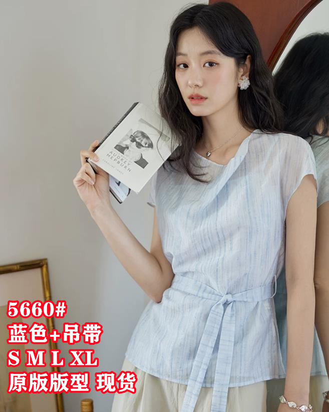 파란색 흔들다 칼라 프린트 뜨거운 은 레이스업 반팔 여성 셔츠 여름 프랑스식 레트로 허리 수축 맨위