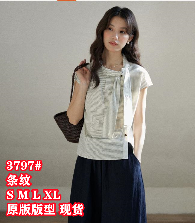 일상 세로 줄무늬 반팔 여성 셔츠 여름 면 소재 비대칭 디자인 센스 리본 칼라 심지어 어깨 소매 맨위