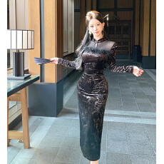 批发实拍新款新中式国风拼毛毛改良旗袍温柔风气质优雅高腰显瘦<b class='q'>连衣裙</b>