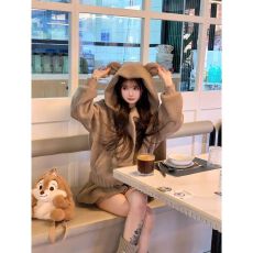 批发羊羔毛连帽加厚小熊外套可爱<b class='q'>套装</b>女秋冬高腰花苞半身裙短裙两件套