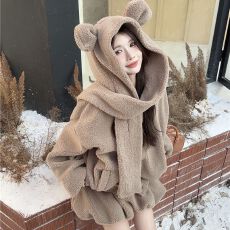 批发小熊连帽羊羔外套冬季新款毛连帽甜美宽松加厚高腰短裙花苞<b class='q'>套装</b>