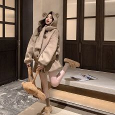 批发羊羔毛绒连帽小熊外套女2026年秋冬季新款加厚高腰花苞短裙<b class='q'>套装</b>