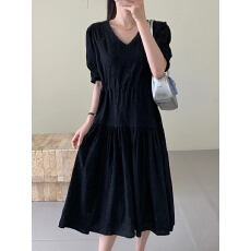 批发特价<b class='q'>清仓</b>2736实拍显瘦V领复古泡泡袖抽绳收腰裙子<b class='q'>连衣裙</b>