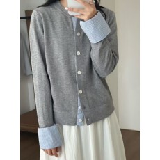 批发实物图已更新◆韩版宽松圆领针织开衫女毛衣拼接衬衫上衣女8225