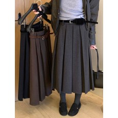 批发<b class='q'>韩版</b>星空纹百褶加厚呢料半身裙女中长款A字裙配腰包