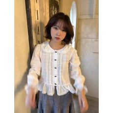 批发春季新款娃娃领蕾丝边衬衫女长袖气质温柔上衣