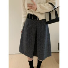 批发实物图已更新 配腰带秋冬高腰显瘦毛呢A字半身裙女百搭中裙子8687