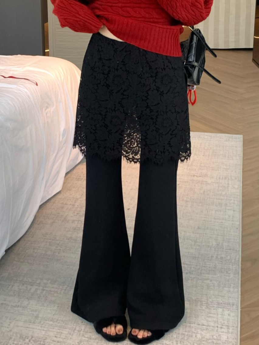 물리적 인지도 있음 업데이트 2026 봄 패션 페이크 레이어드 레이스 방귀 커튼 부츠컷 하이웨이스트 캐주얼 바지 여성 8752