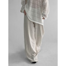 批发实物图已更新◆7756简约老钱亚麻松紧腰条纹休闲裤