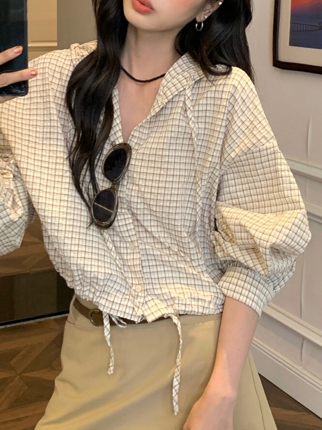 물리적 인지도 있음 업데이트 느긋한 바람 배색 후드 체크무늬 작은 셔츠 셔츠 짧은 여성 코트 8169