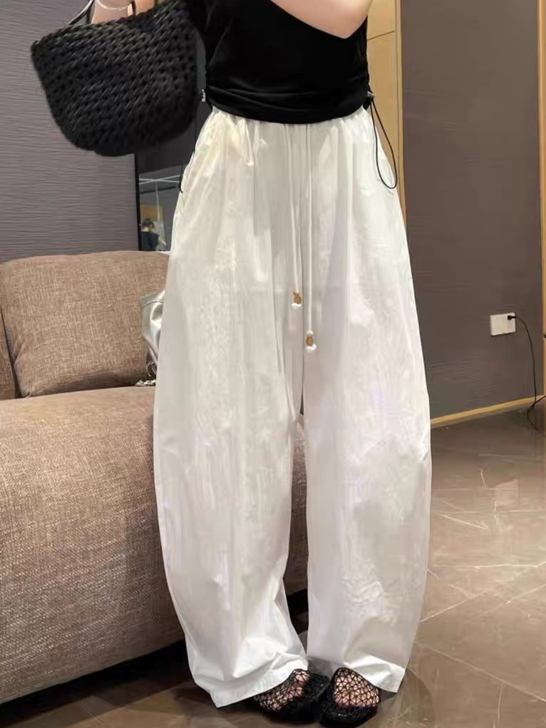 물리적 인지도 있음 업데이트 느긋한 바람 하이웨이스트 펌프 로프 루즈핏 캐주얼 바지 여성 여름 속도 건조한 바닥 청소 와이드 레그 팬츠