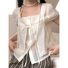 批发夏季新款设计感别致系带开衫假两件宽松微透绝美小衫