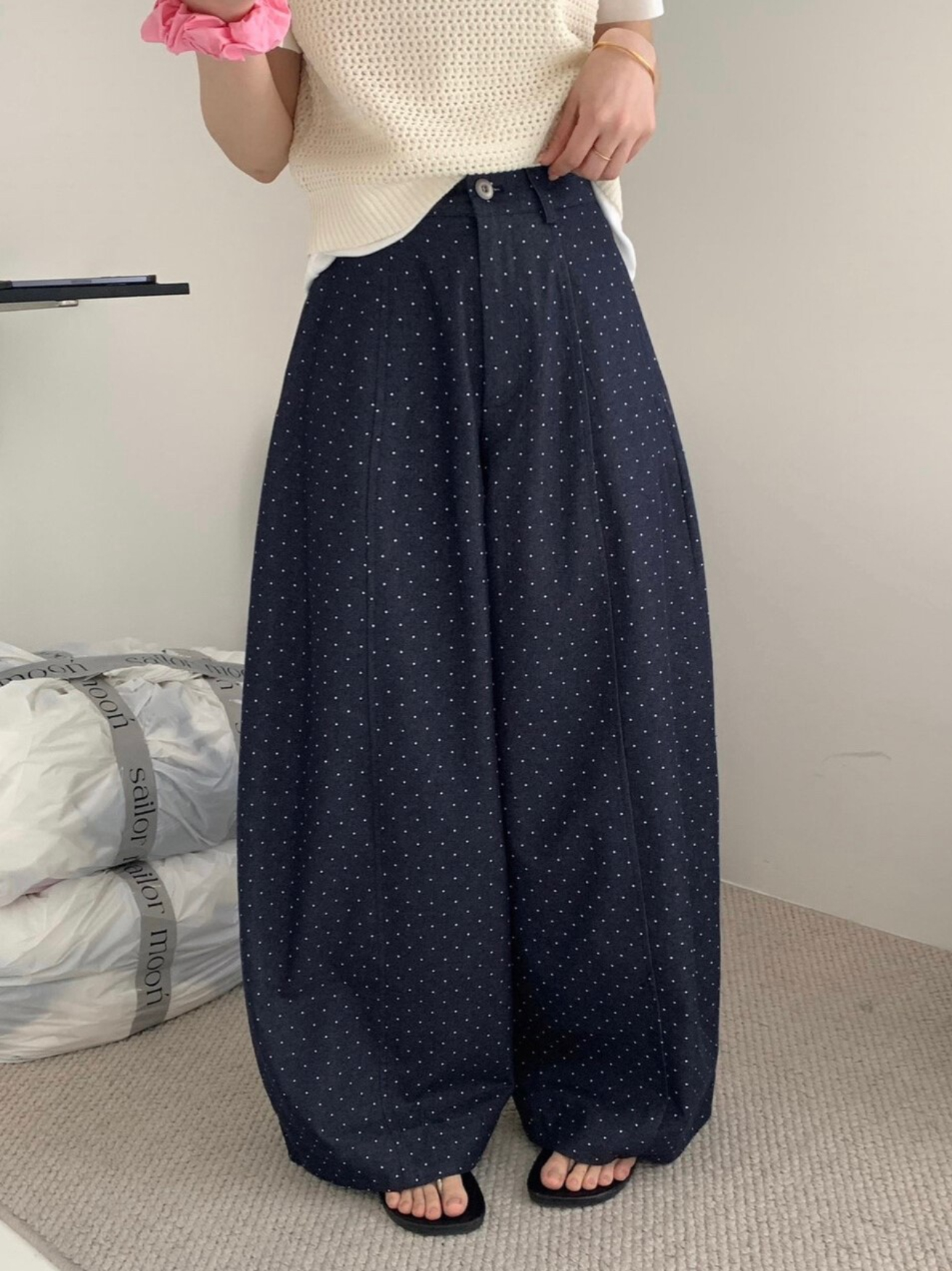 물리적 인지도 있음 업데이트 한 부서 도트 무늬 풍선 바지 캐주얼 바지 8792