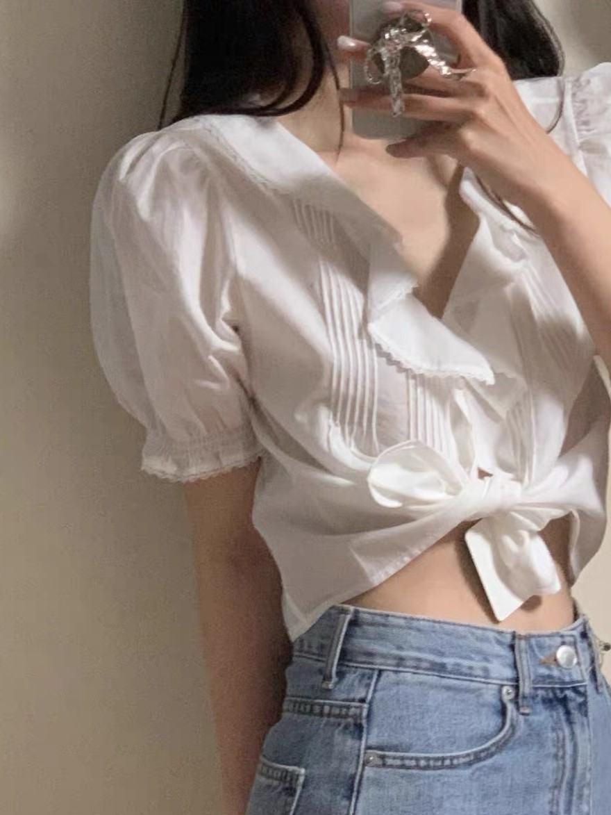 물리적 인지도 있음 업데이트 한국 달콤함 프릴 거품 소매 V넥 이슬 쇄골 다용도 셔츠 셔츠 한 부서