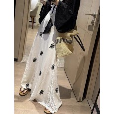 批发夏款亚麻刺绣蕾丝拼接半身裙女a字<b class='q'>中长款</b>设计感裙裙子