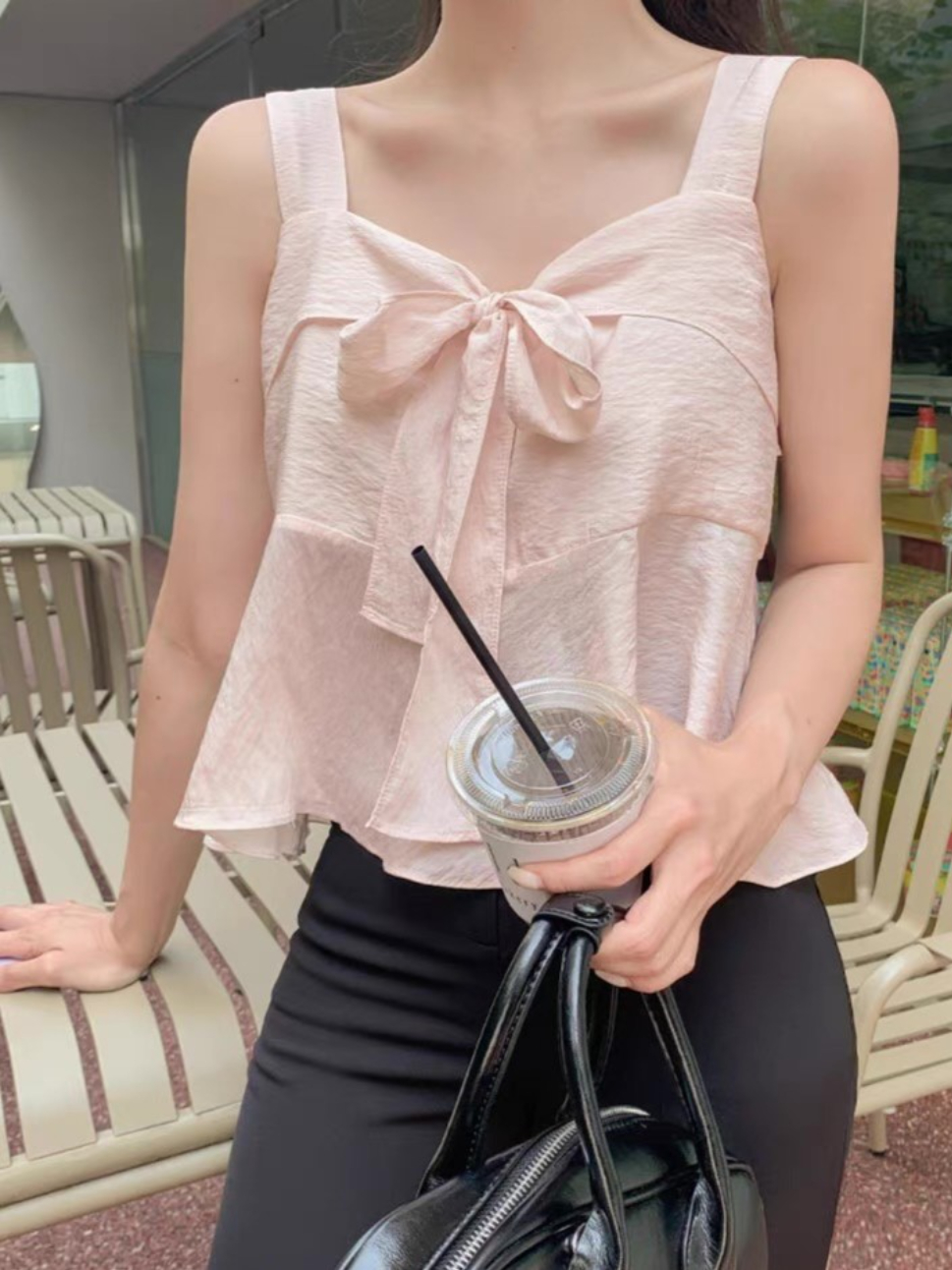 물리적 인지도 있음 업데이트 한국 여름 드레스 새로운 숙녀 나비 매듭 전후 둘 착용 슬립 여성 셔츠 8867