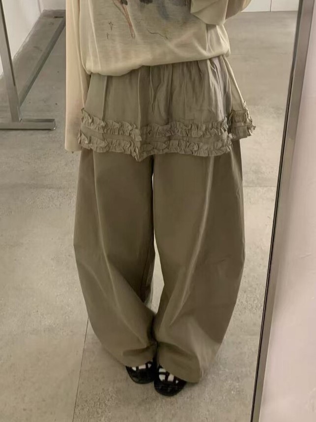 물리적 인지도 있음 업데이트 한 부서 프릴 레이스업 페이크 레이어드 패션 다용도 슬림해 보이는 캐주얼 바지