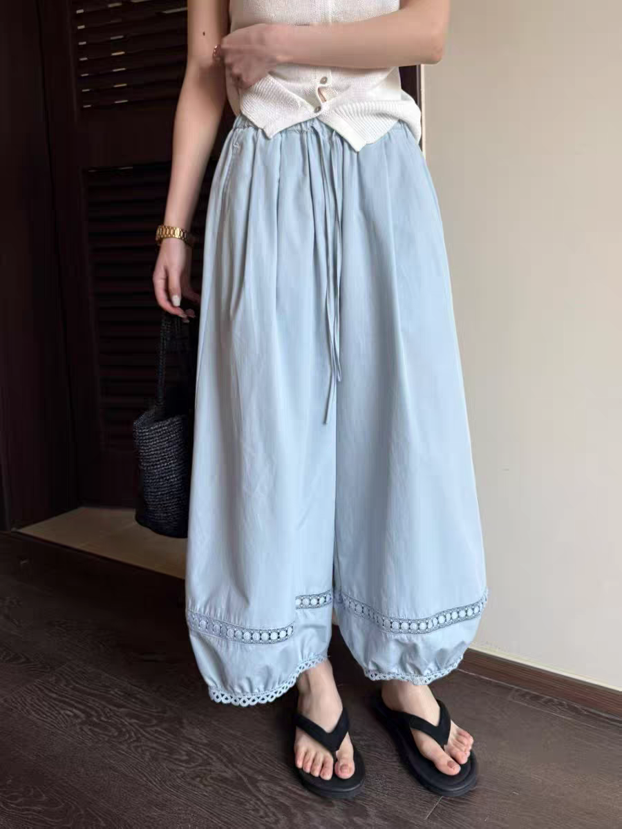 한 부서 미니멀리즘 고급 센스 레이스 레이스 랜턴 와이드 레깅스 바지 새로운 자외선 차단 캐주얼 바지