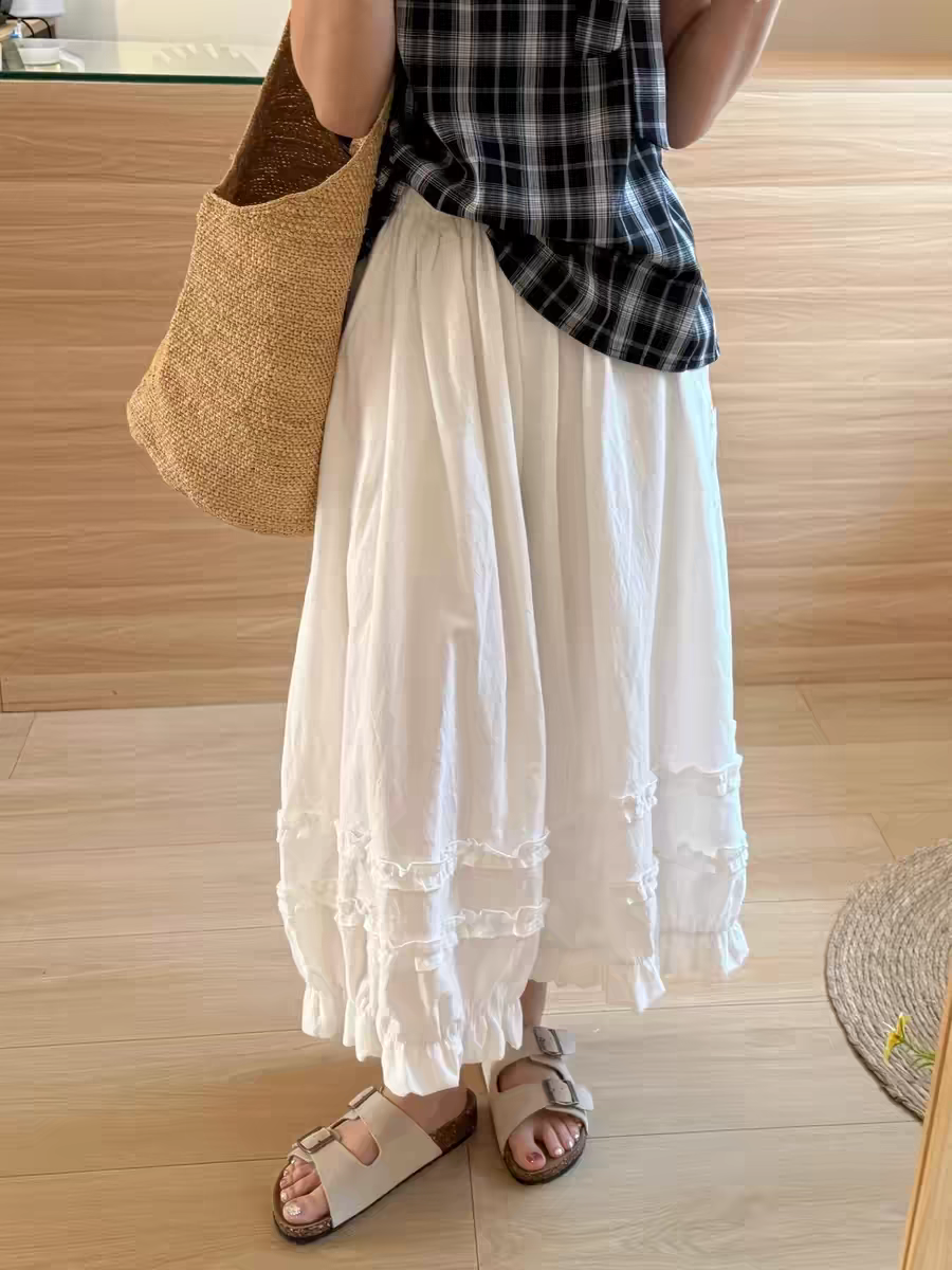 한국 스타일 프릴 9 포인트 꽃밭 바지 여성 여름 디자인 센스 허리밴드 루즈핏 와이드 레깅스 바지