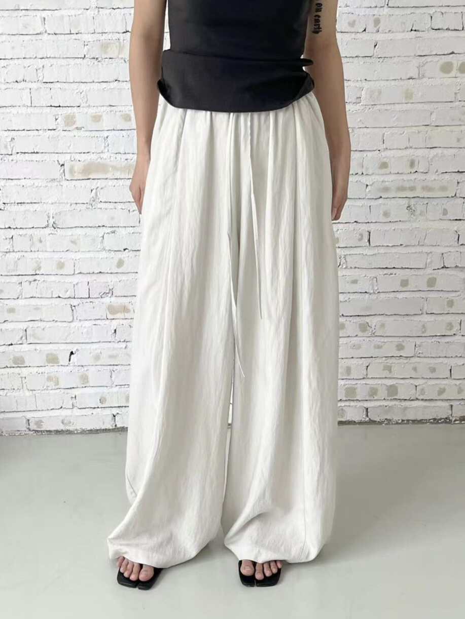 여름 켜기 새로운 미니멀리즘 단색 펌프 로프 하이웨이스트 루즈핏 와이드 레그 팬츠 캐주얼 바지