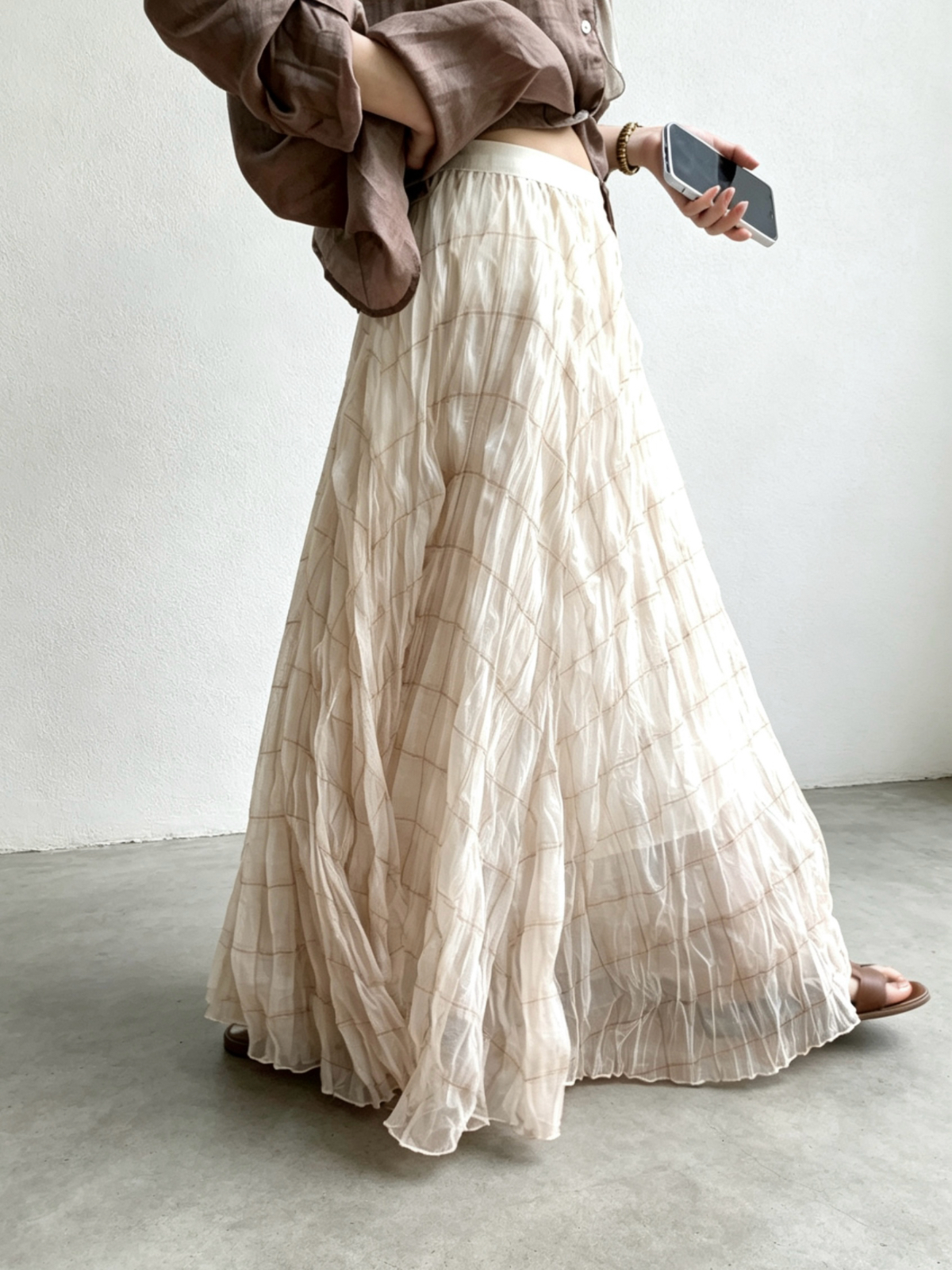 여름 켜기 새로운 미니멀리즘 일상 휴가 센스 체크무늬 마이크로 주름 센스 반신 스커트 여성