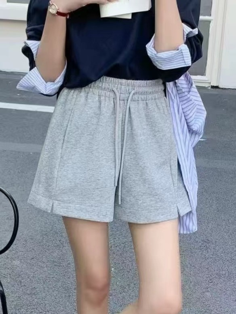 물리적 인지도 있음 업데이트 한국 스타일 여름 펌프 로프 트임 허리밴드 와이드 레그 팬츠 캐주얼 운동 반바지 여성 8870