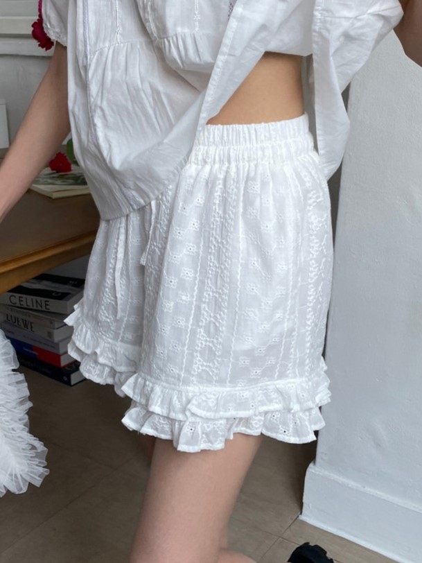 한 부서 레이스 레이스 허리밴드 넓은 다리가 짧다. 바지 여성