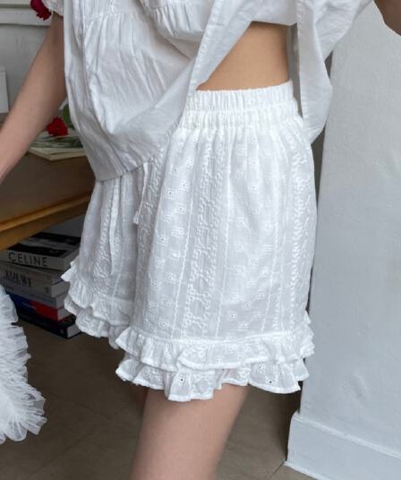 물리적 인지도 있음 업데이트 한 부서 레이스 레이스 허리밴드 넓은 다리가 짧다. 바지 여성