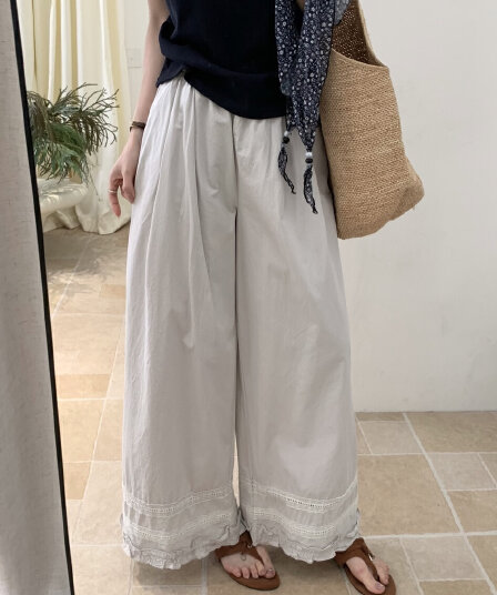 물리적 인지도 있음 업데이트 레트로 편안함 허리밴드 패치워크 자수 레이스 와이드 레그 팬츠 캐주얼 바지