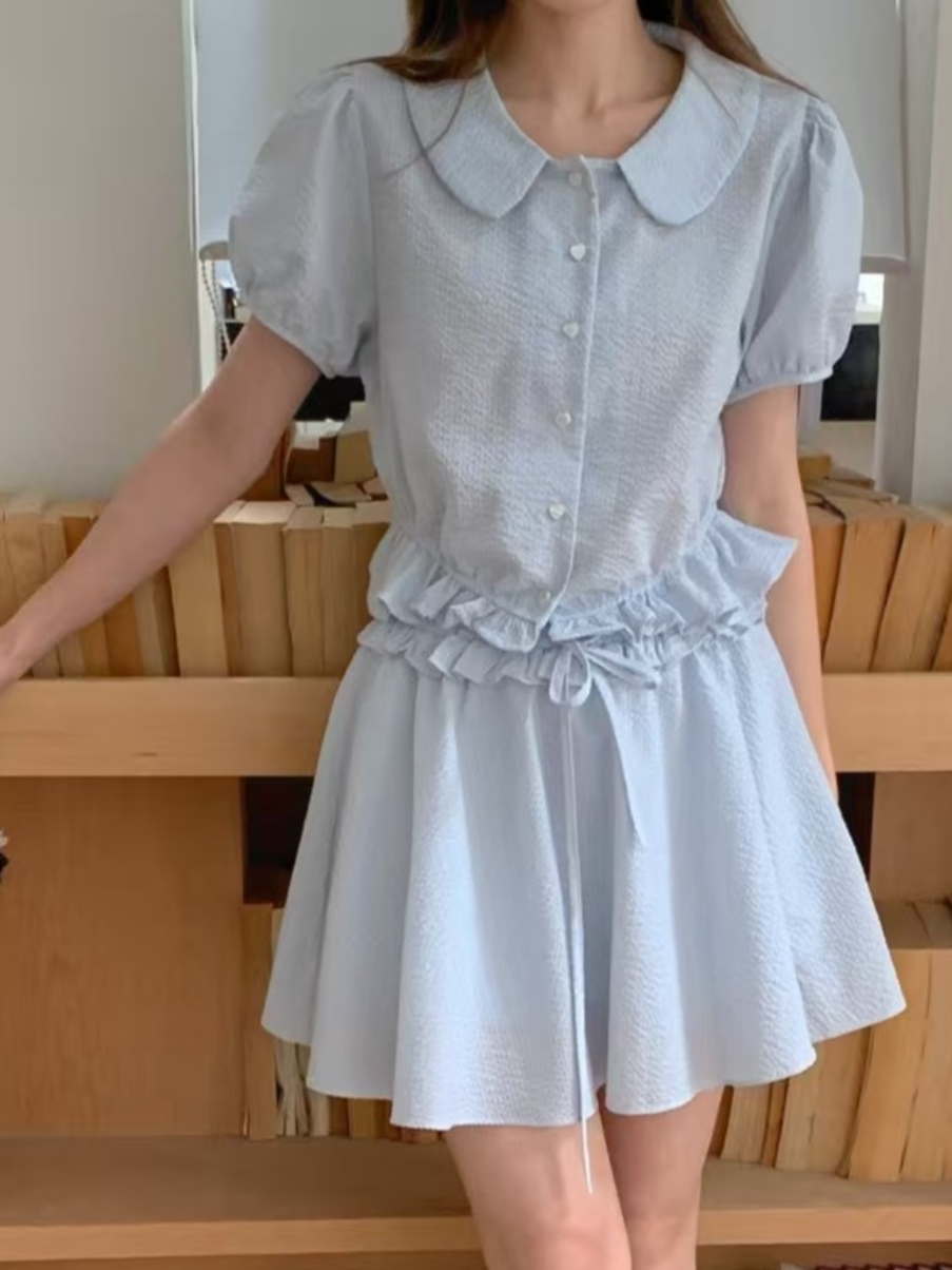 베이비 칼라 거품 소매 펌프 Pleat 작은 셔츠 허리밴드 반신 치마 세트