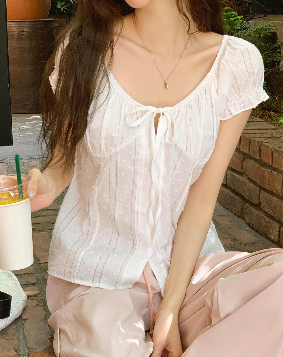 한 부서 프랑스식 레트로 느긋한 소녀 바람 자카드 레이스업 V 넥 셔츠