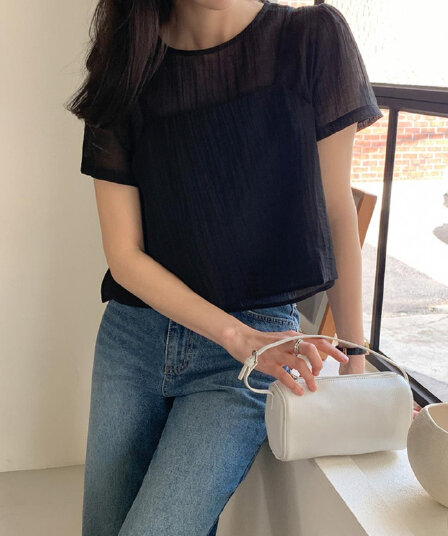 물리적 인지도 있음 업데이트 chic 품격 질감 센스 마이크로 ~을 통해 반팔 셔츠 스택 착용 캐미솔 투피스 세트 7901