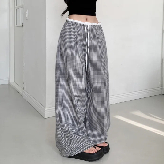 허리 패치워크 체크무늬 캐주얼 바지